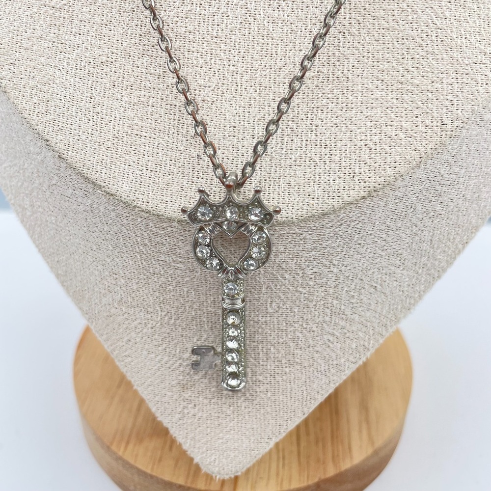 Vintage Silver Tone Crown Heart Key Pendant Necklace Rhinestone Crystal Chain